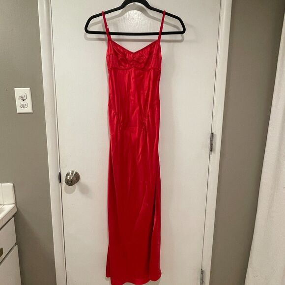 Anna October Sleeveless Bustier Open Back Silky Midi Slip Dress Red Small - Picture 2 of 14